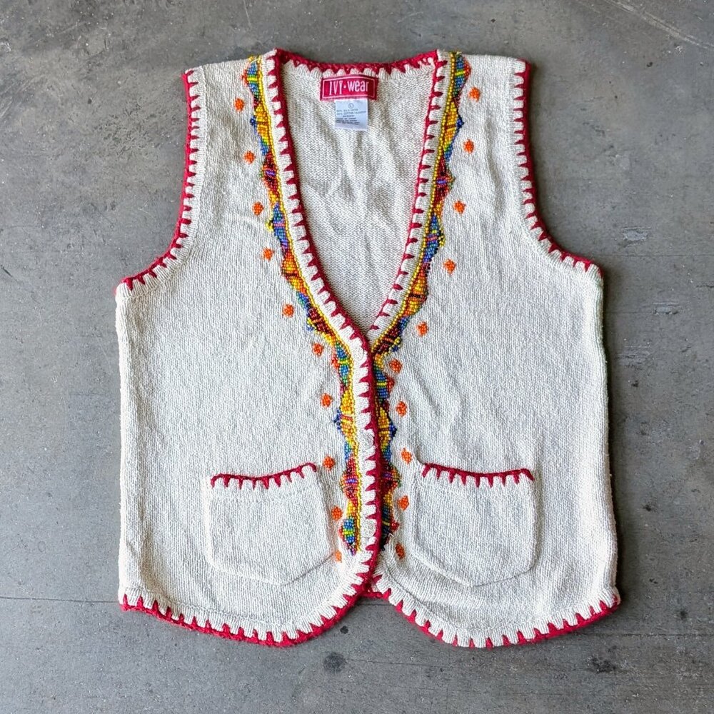 Vintage Southwestern Silk Cotton Beaded Knit Sweater Vest large boho fall